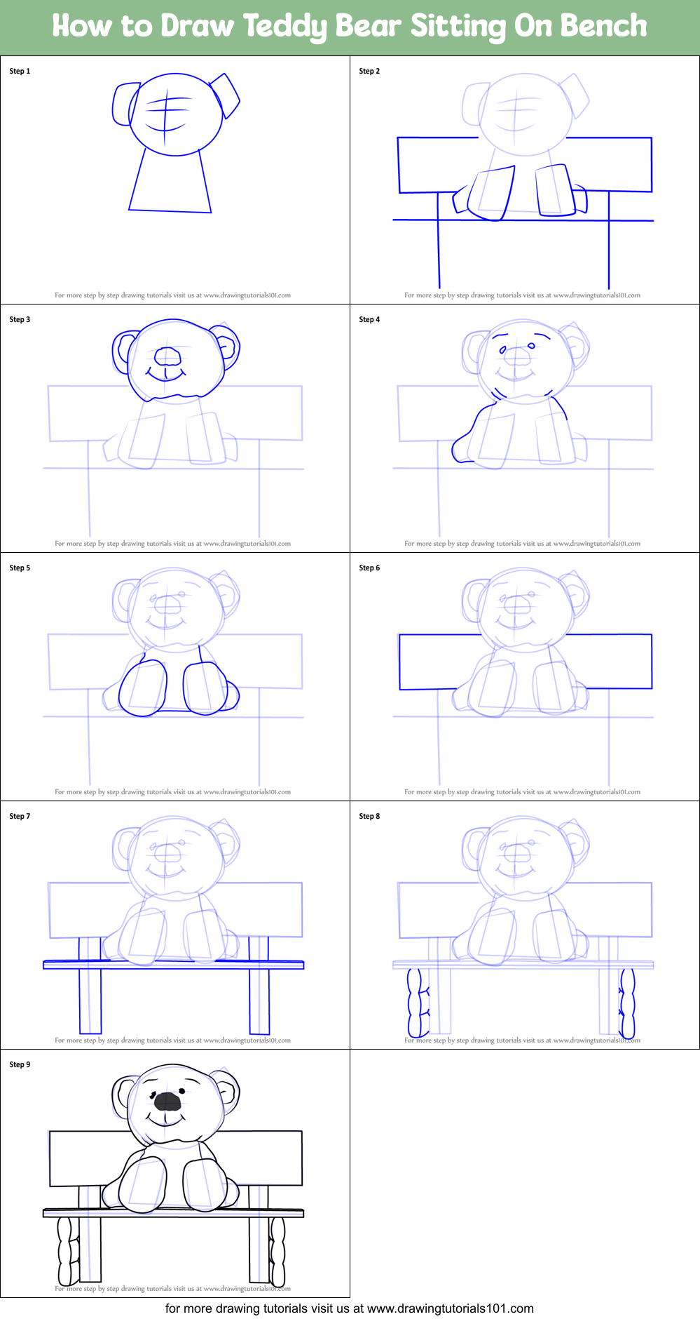 How to Draw Teddy Bear Sitting On Bench Printable Step by Step