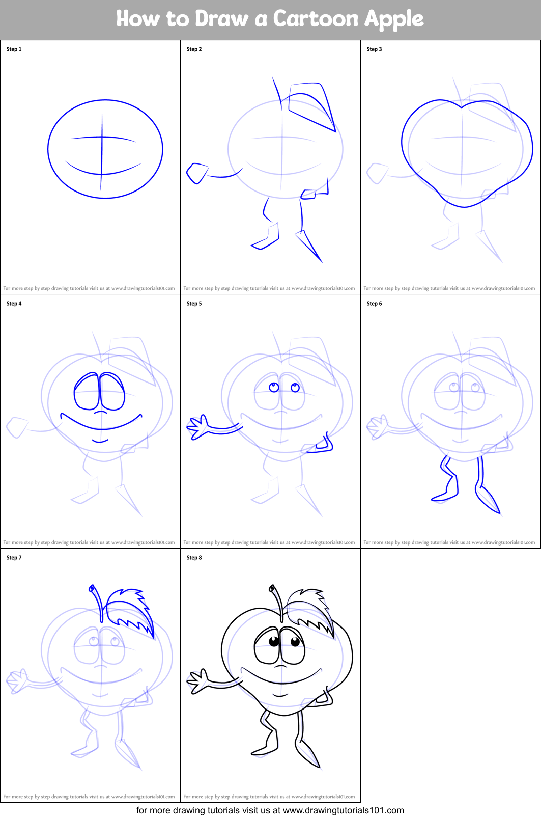 How to Draw a Cartoon Apple Printable Step by Step