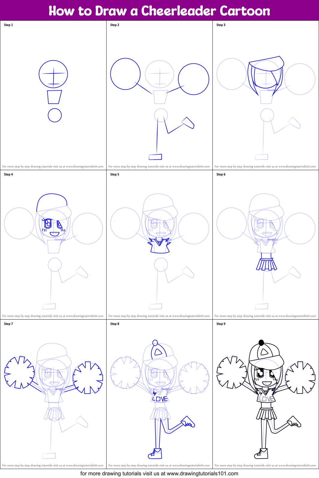 How to Draw a Cheerleader Cartoon Printable Step by Step