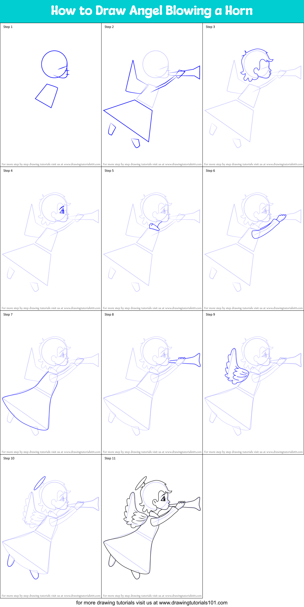 How to Draw Angel Blowing a Horn Printable Step by Step