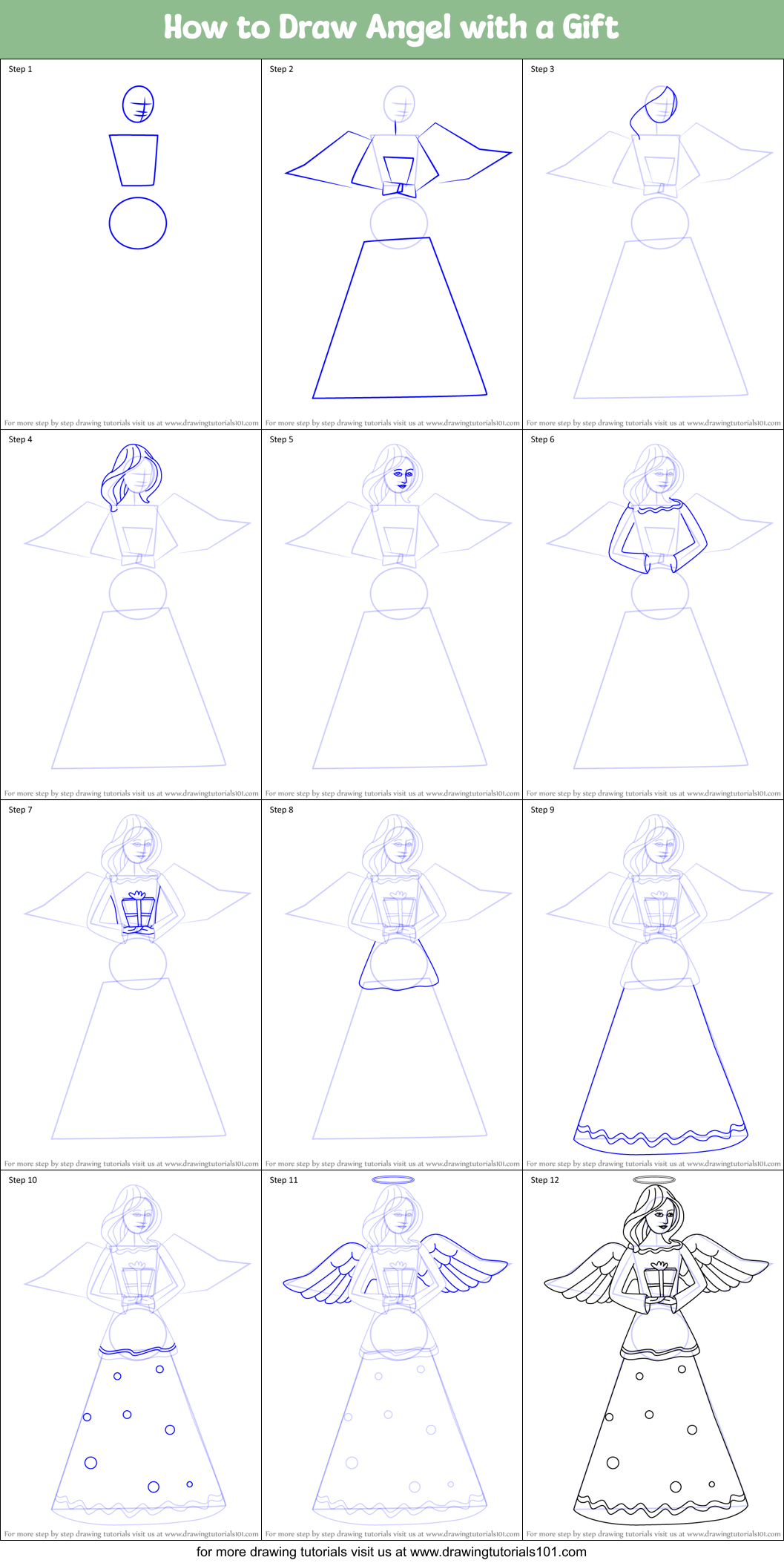 How to Draw Angel with a Gift Printable Step by Step