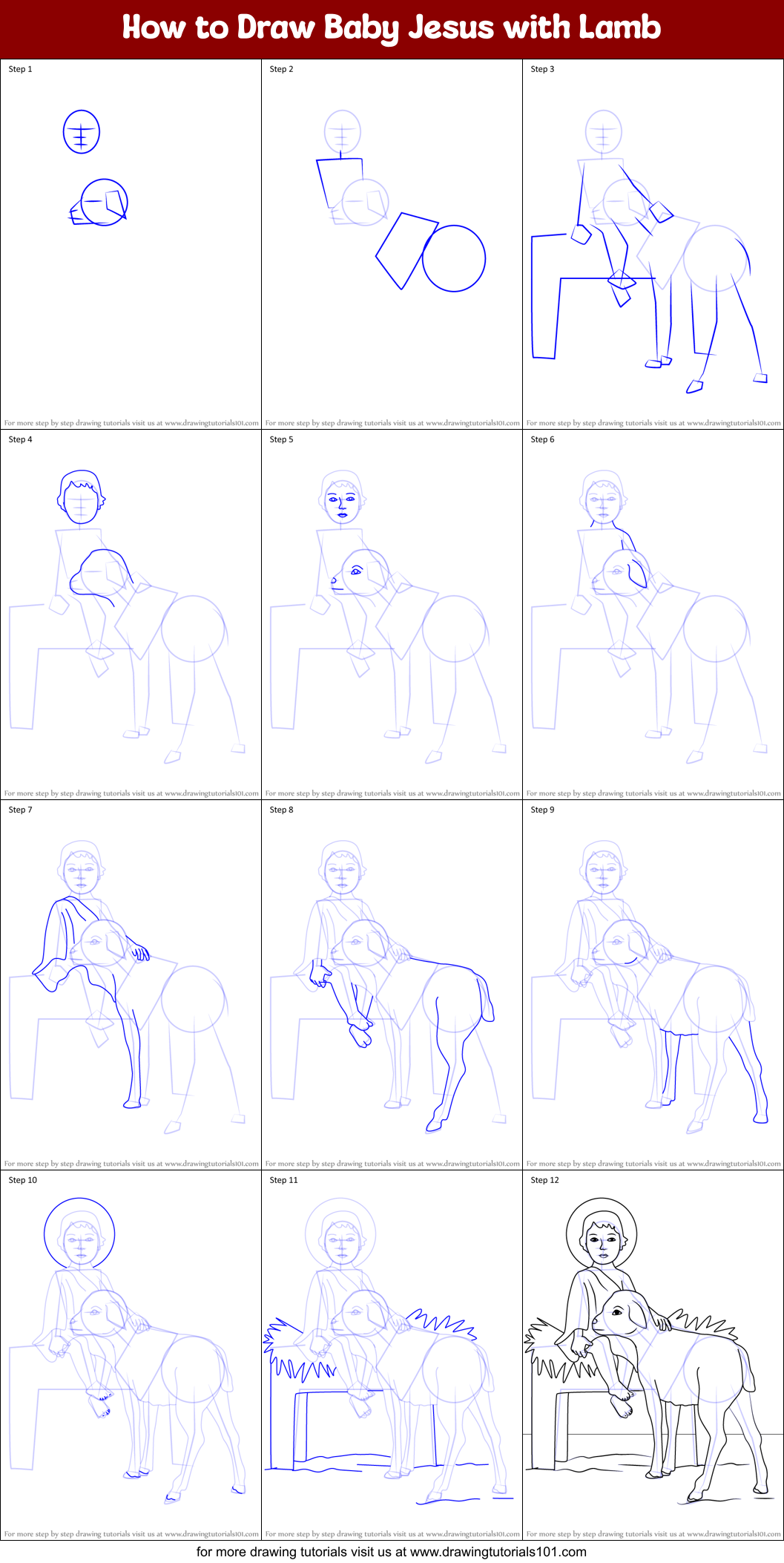 How to Draw Baby Jesus with Lamb Printable Step by Step