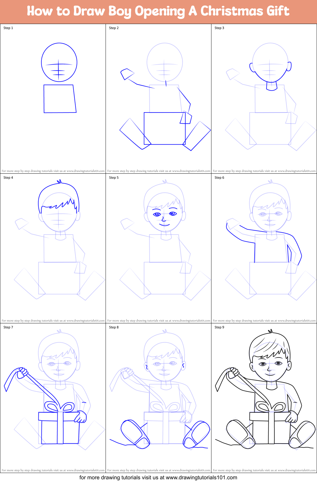 How to Draw Boy Opening A Christmas Gift Printable Step by Step