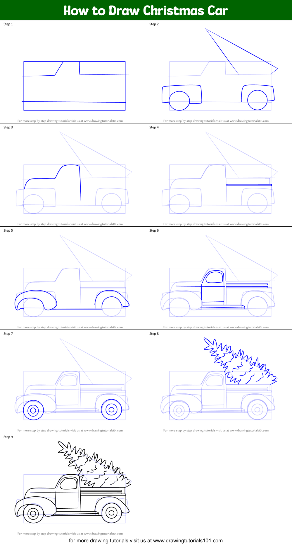 How to Draw Christmas Car Printable Step by Step