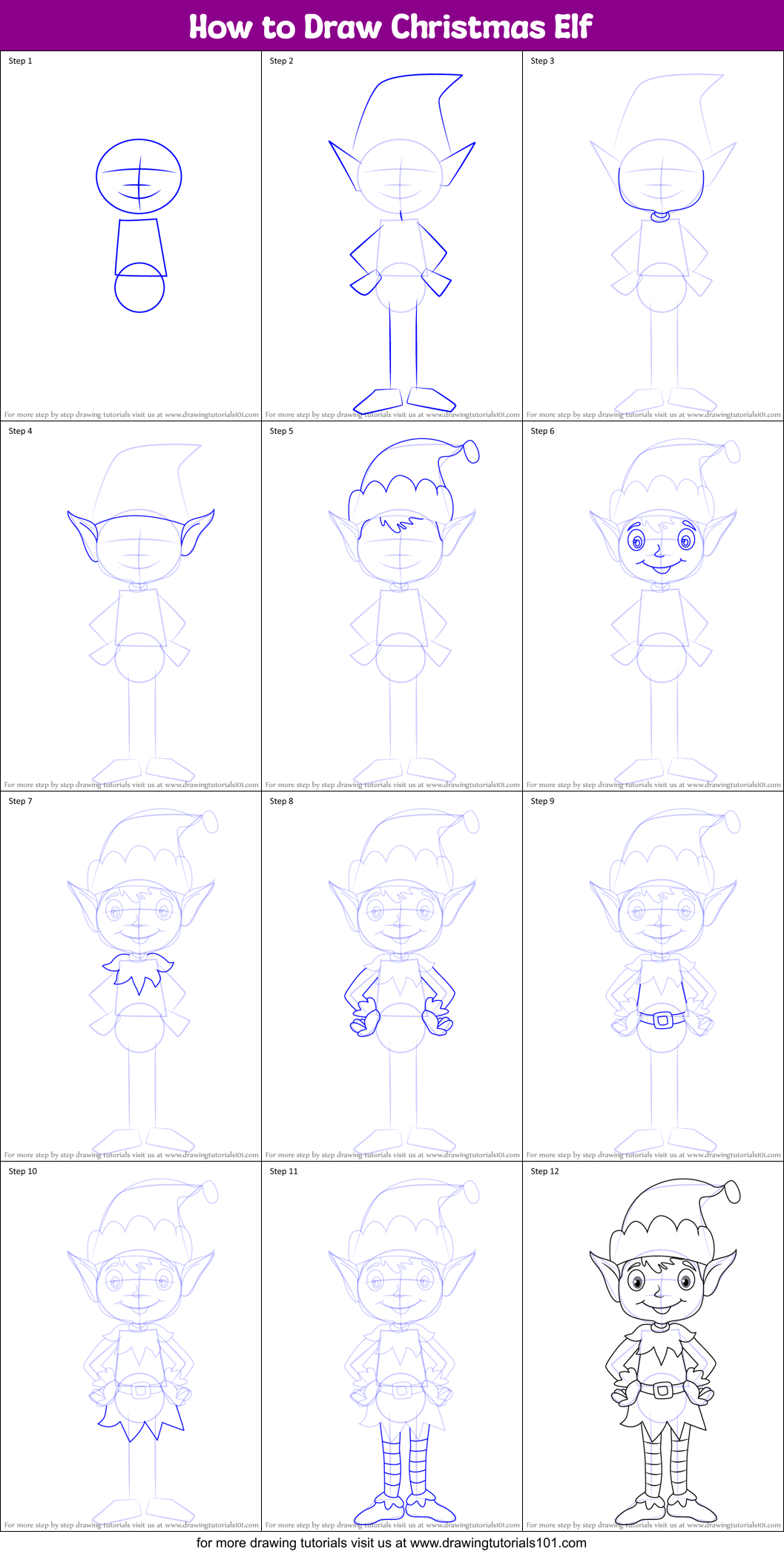 How to Draw Christmas Elf printable step by step drawing sheet