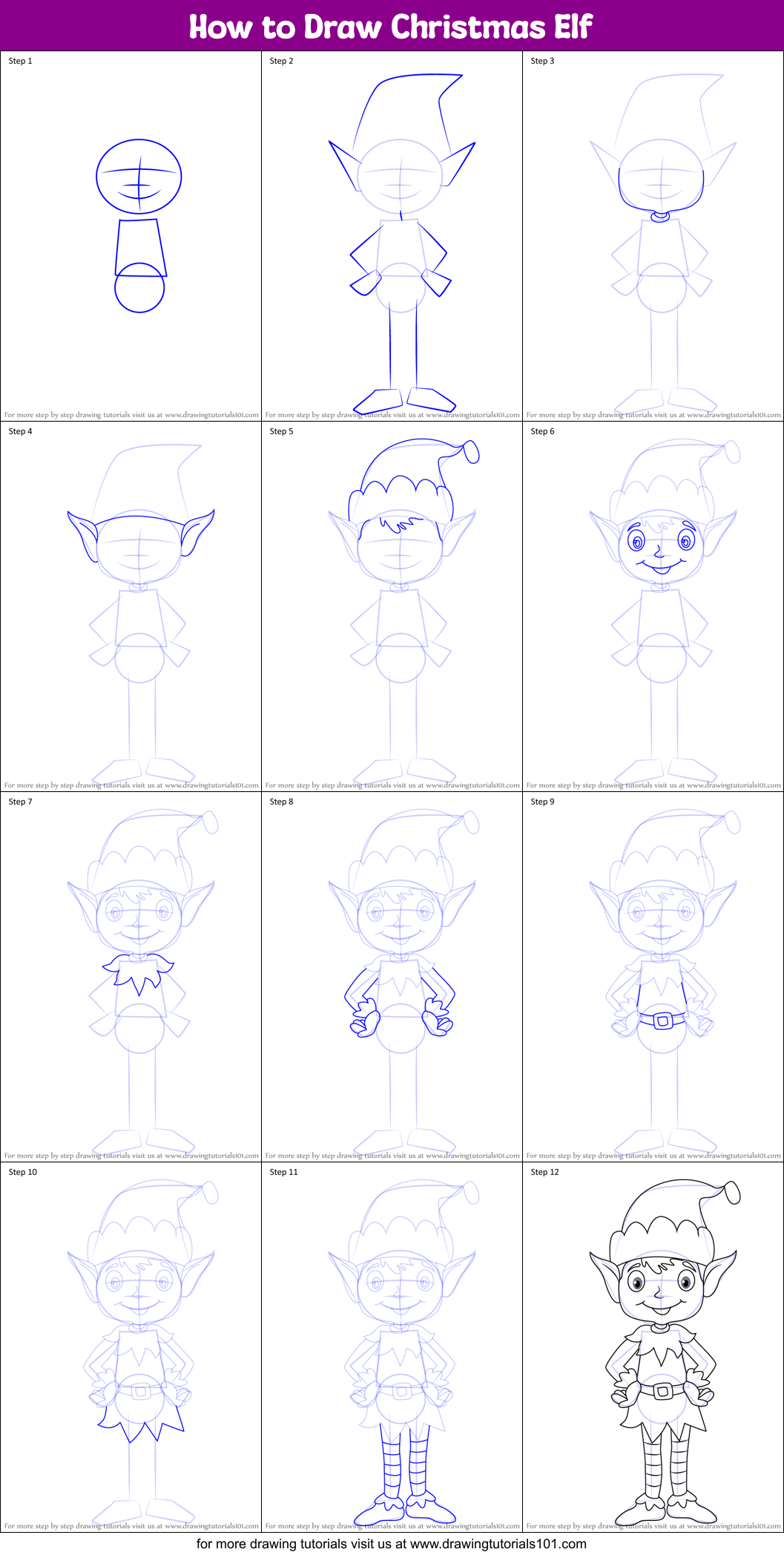 How to Draw Christmas Elf Printable Step by Step