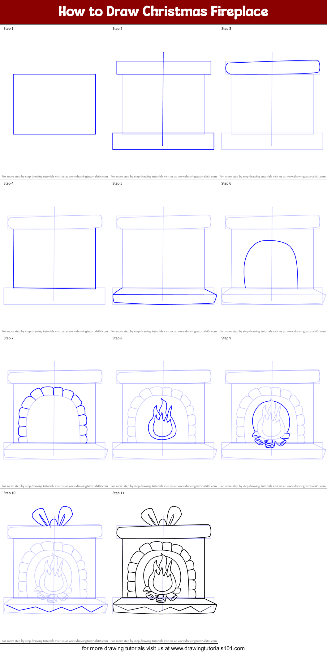 How to Draw Christmas Fireplace Printable Step by Step
