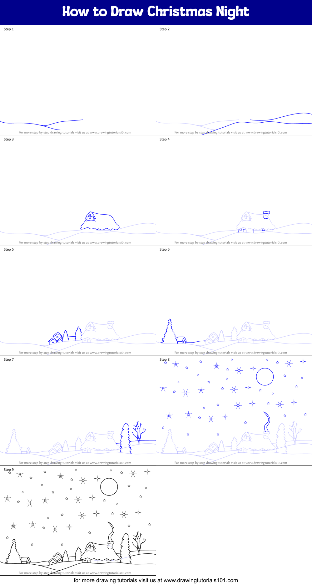How to Draw Christmas Night Printable Step by Step