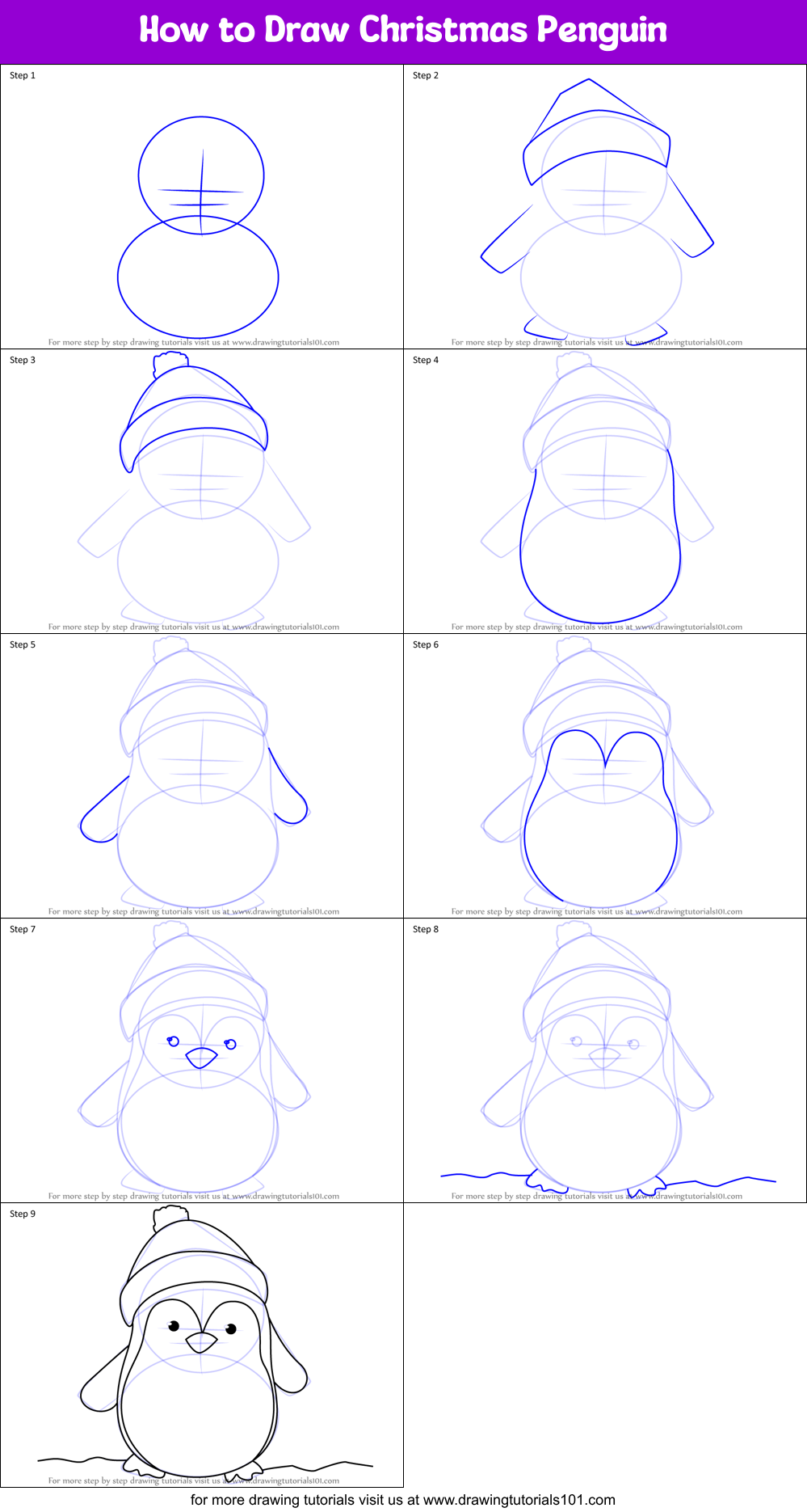 how to draw christmas penguin printable step by step drawing sheet