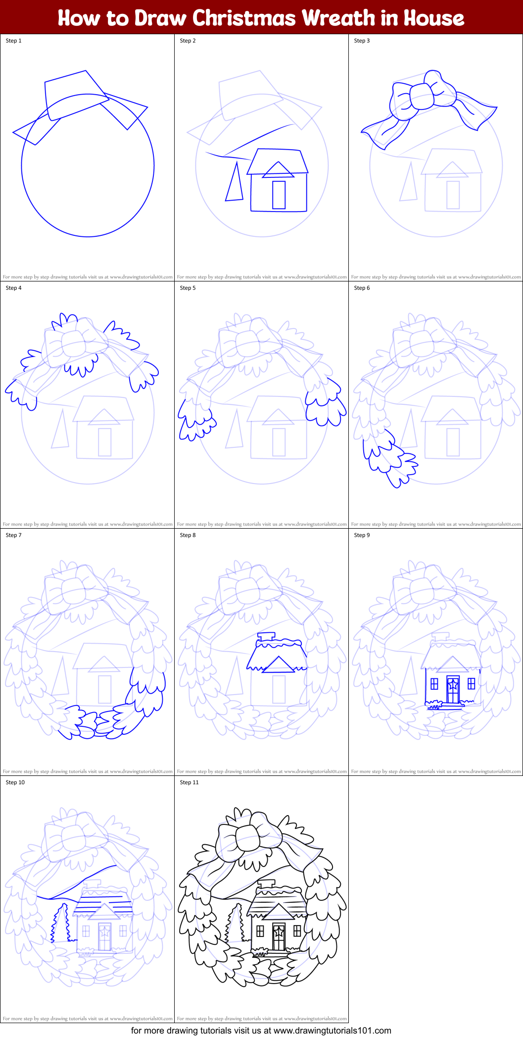How to Draw Christmas Wreath in House Printable Step by Step