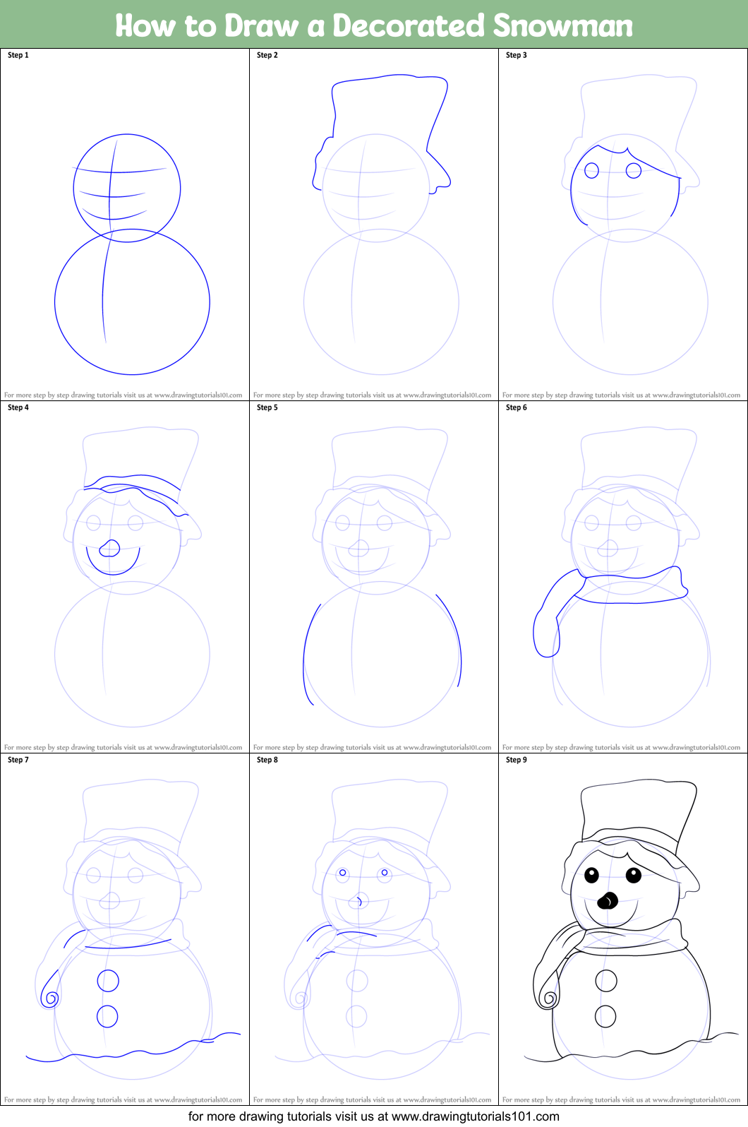 How to Draw a Decorated Snowman Printable Step by Step