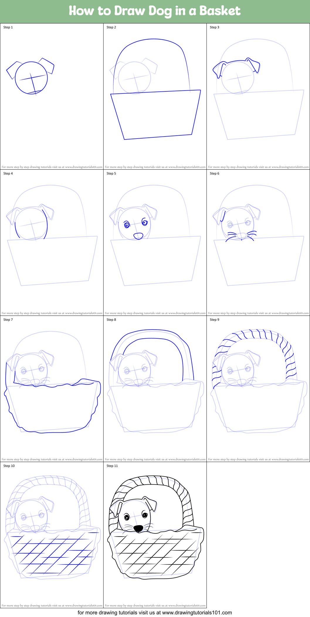 How to Draw Dog in a Basket Printable Step by Step