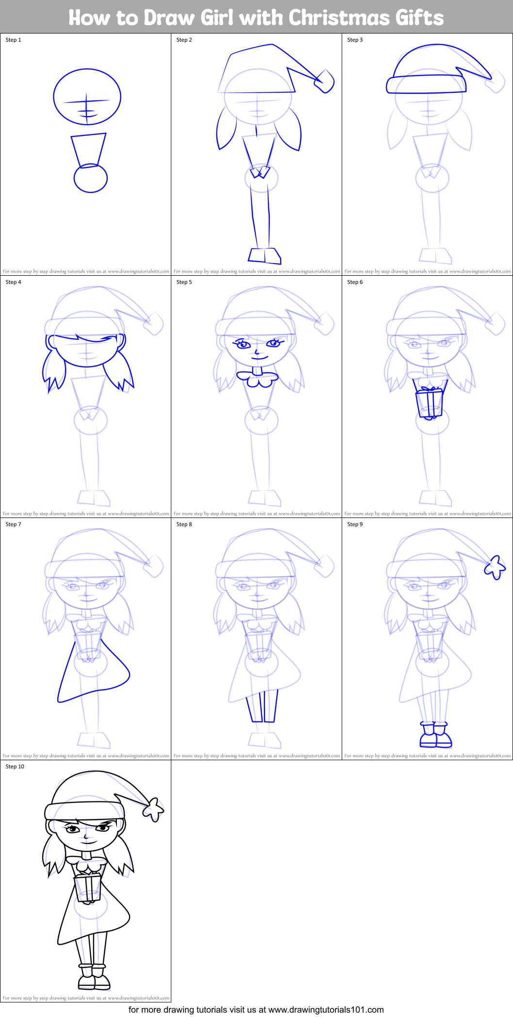 How to Draw Girl with Christmas Gifts Printable Step by Step