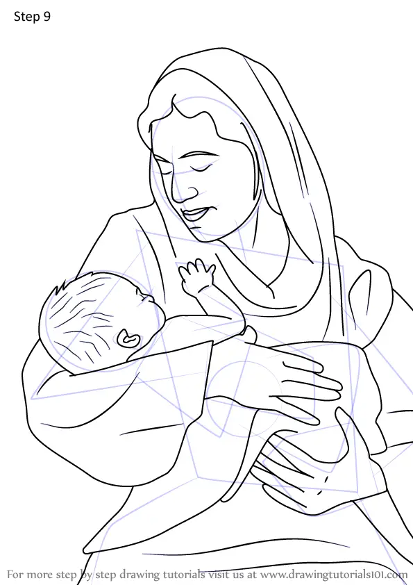 Learn How to Draw Mary Looking Over Jesus (Christmas) Step by Step