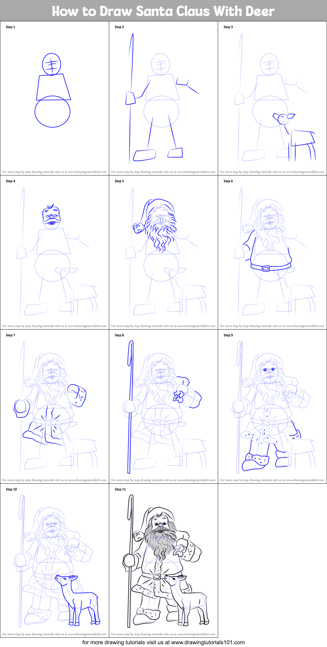 How to Draw Santa Claus With Deer Printable Step by Step