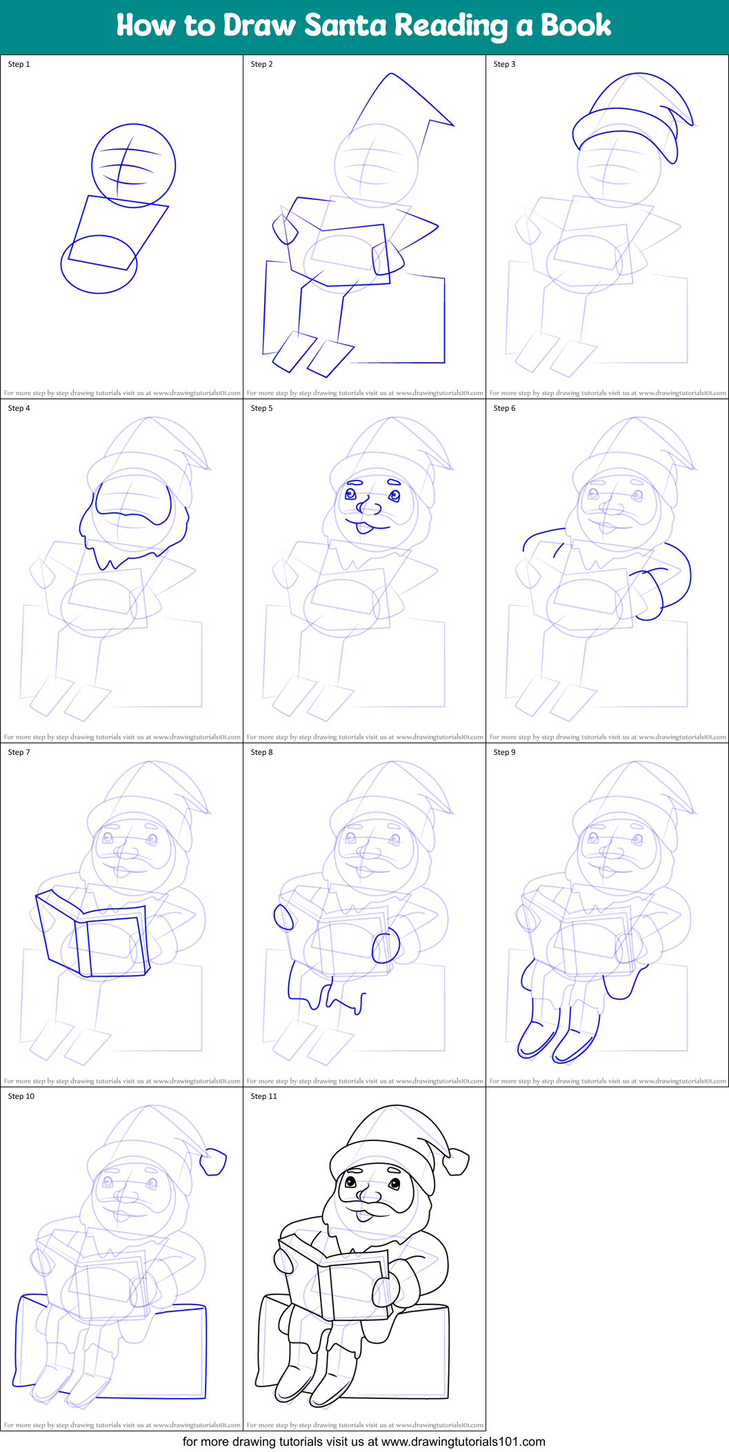How to Draw Santa Reading a Book Printable Step by Step