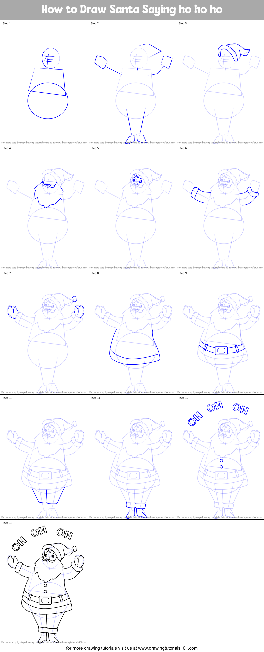 How to Draw Santa Saying ho ho ho Printable Step by Step