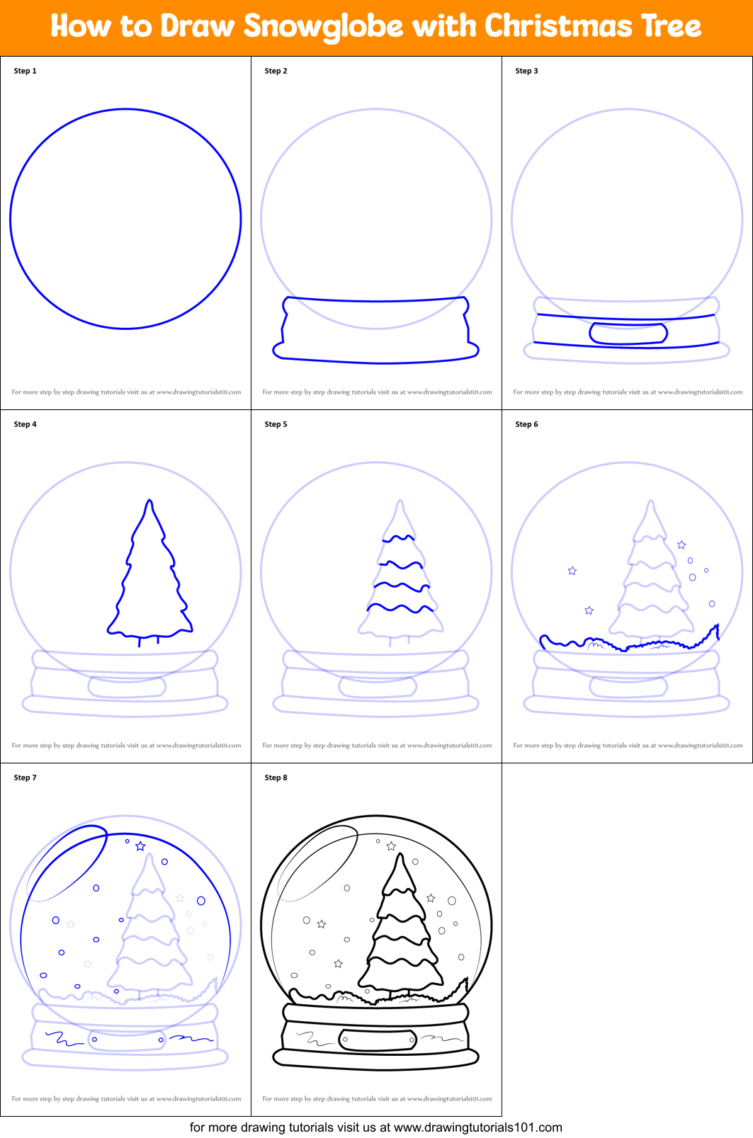 How to Draw Snowglobe with Christmas Tree Printable Step by Step
