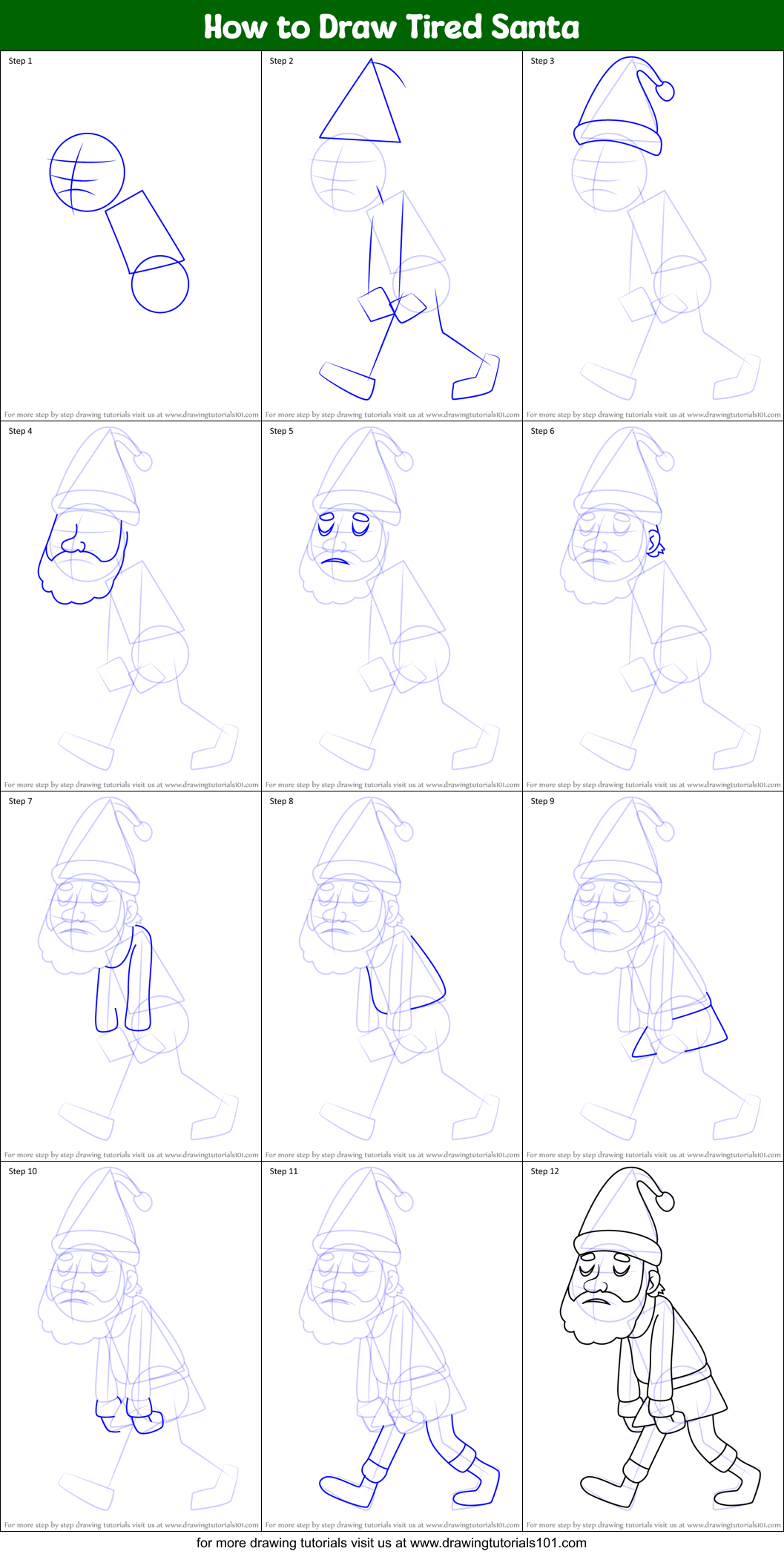 How to Draw Tired Santa Printable Step by Step