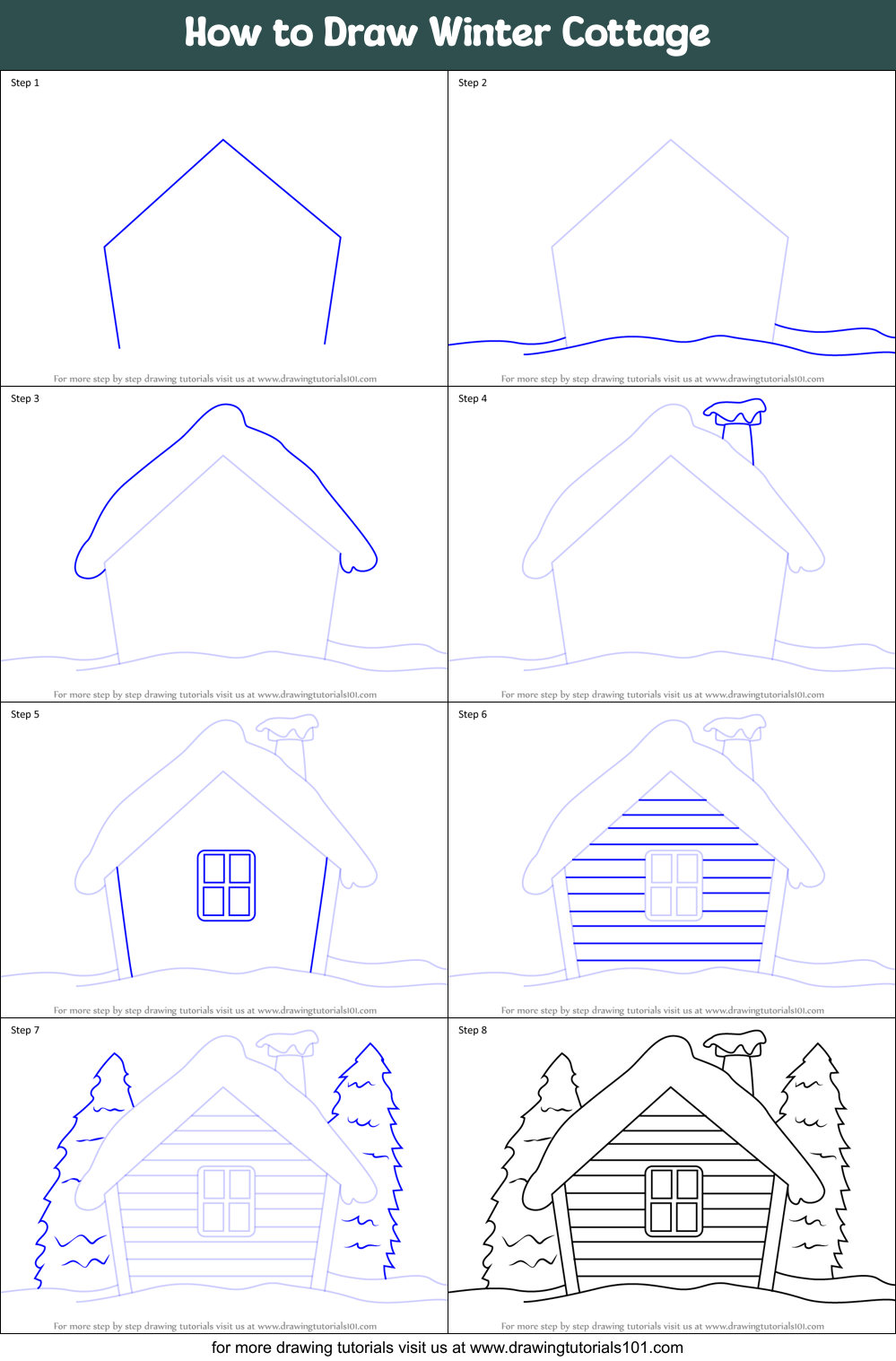 How to Draw Winter Cottage Printable Step by Step