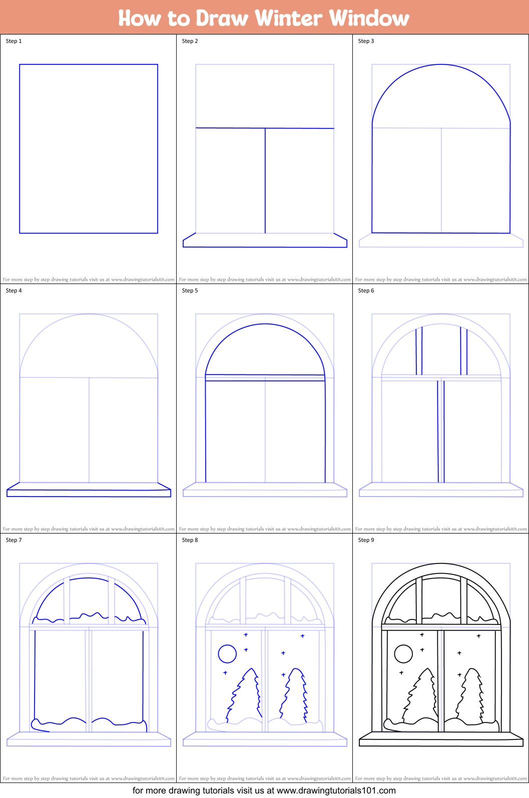 How to Draw Winter Window Printable Step by Step