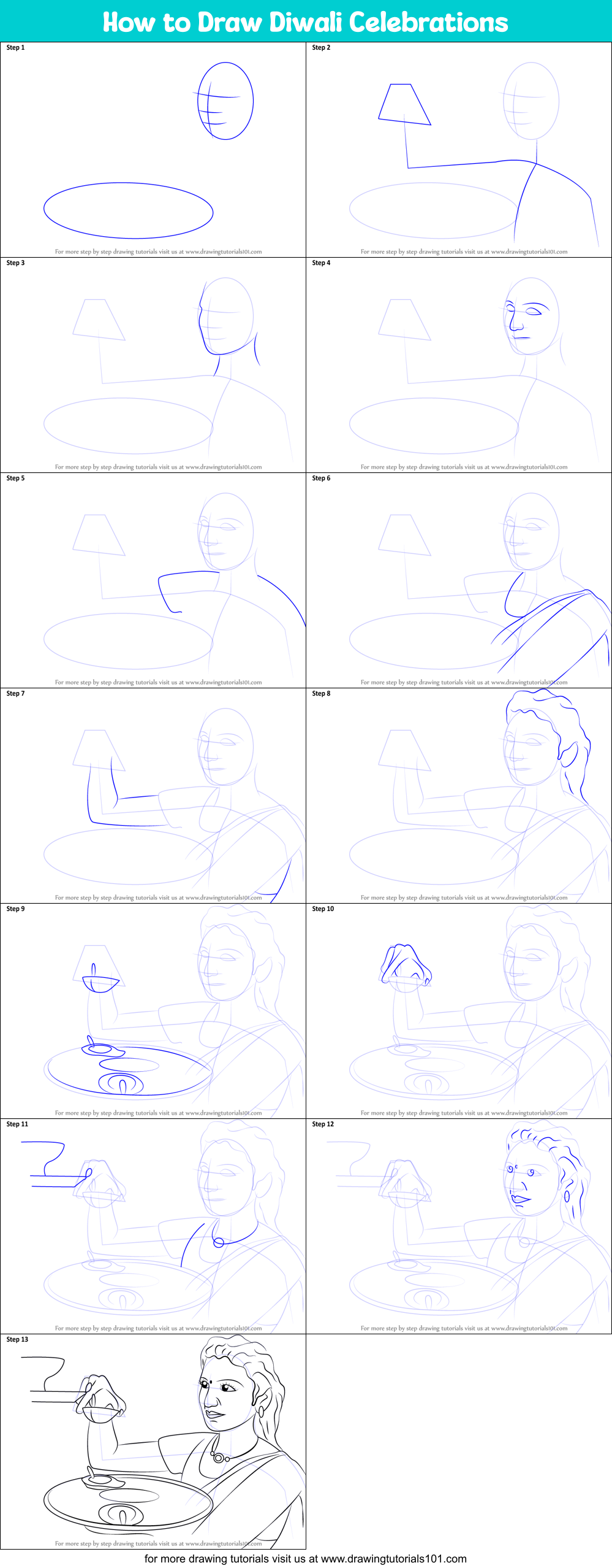 How to Draw Diwali Celebrations Printable Step by Step