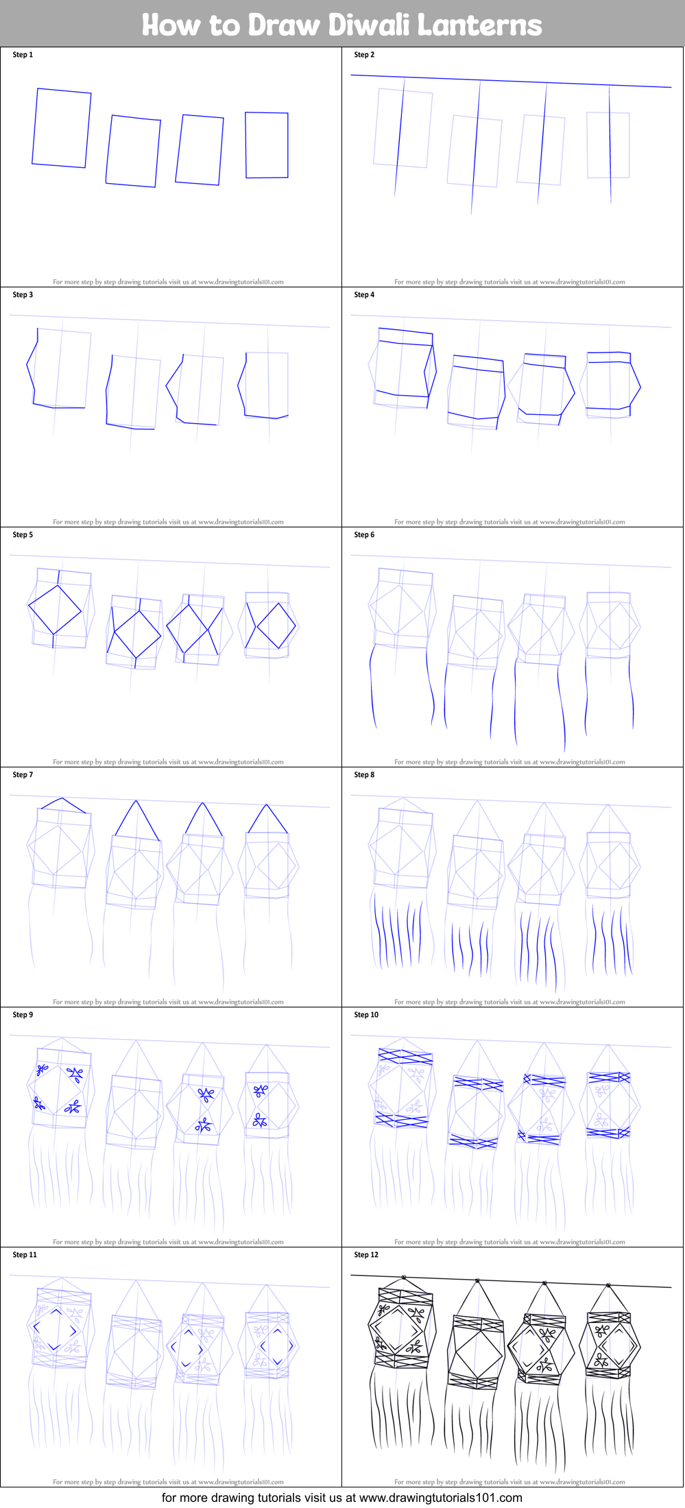 How to Draw Diwali Lanterns Printable Step by Step