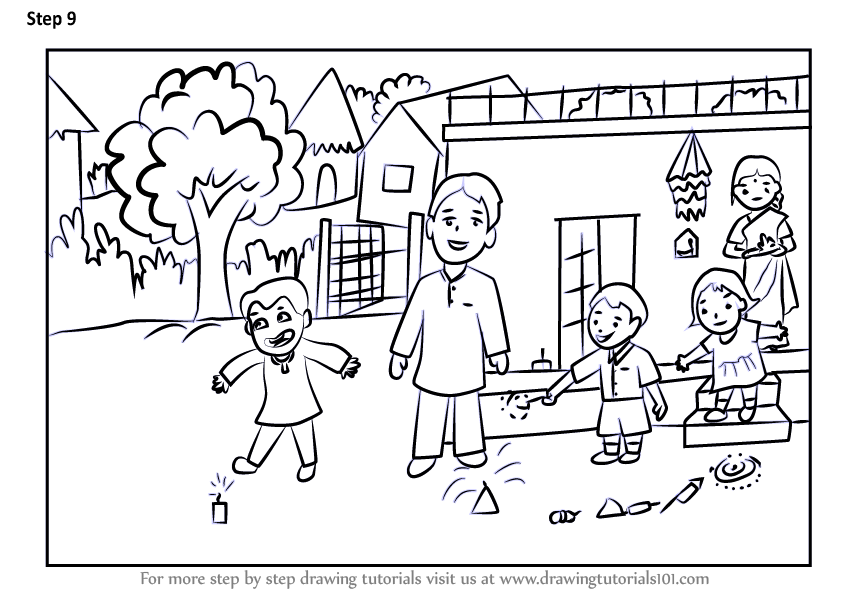 Learn How to Draw a Diwali Scene (Diwali) Step by Step : Drawing Tutorials