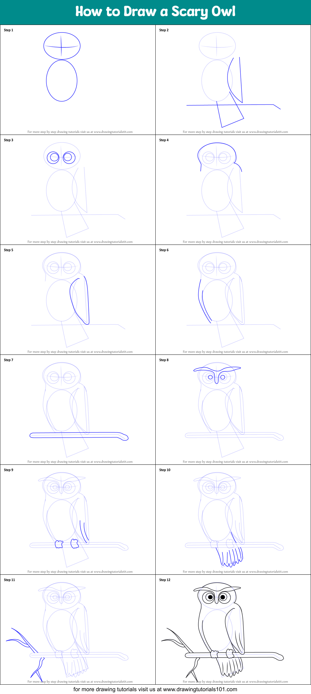 How to Draw a Scary Owl Printable Step by Step