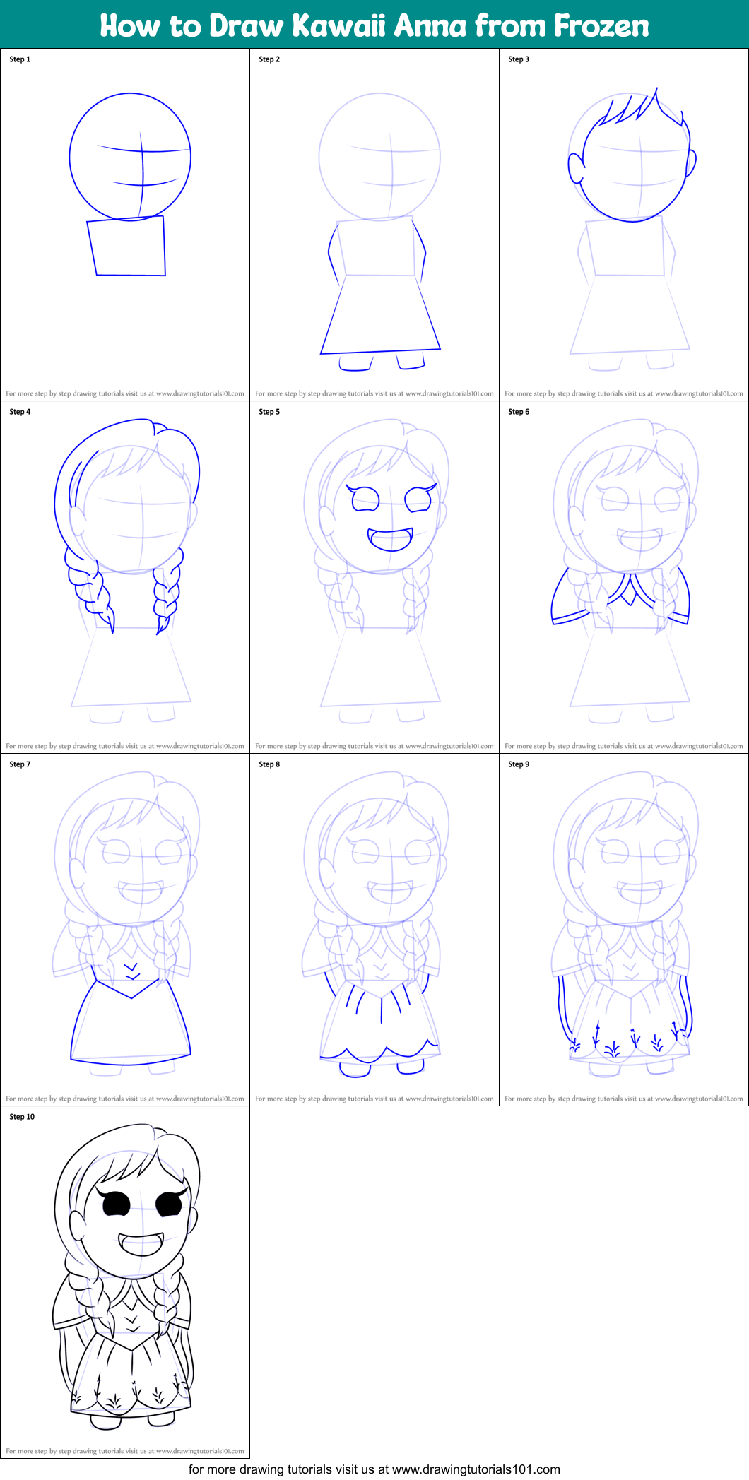 How to Draw Kawaii Anna from Frozen Printable Step by Step