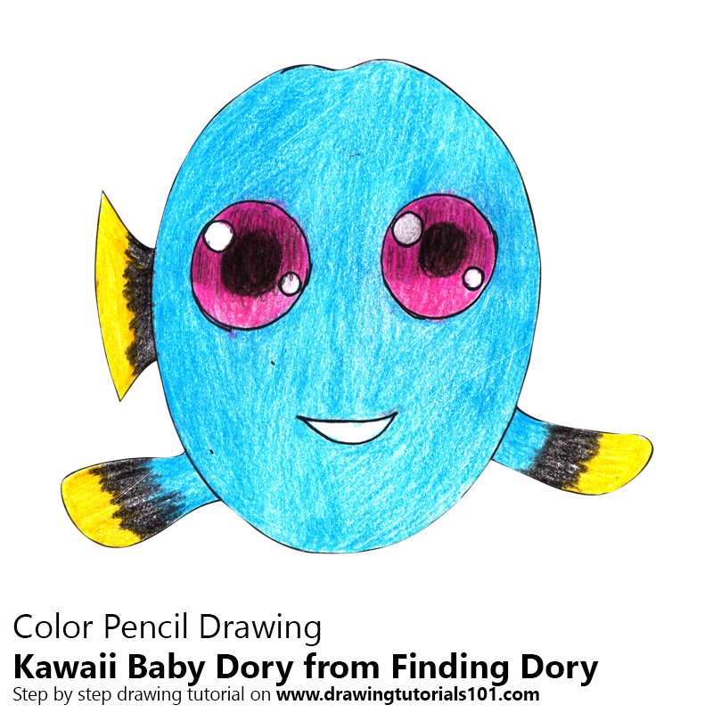 How to Draw Kawaii Baby Dory from Finding Dory by Color Pencils