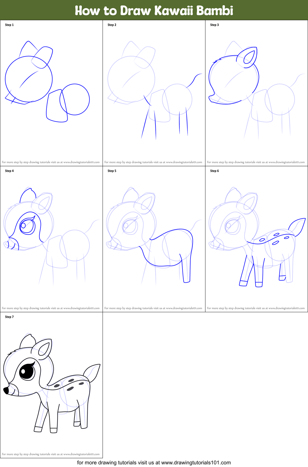 How to Draw Kawaii Bambi Printable Step by Step