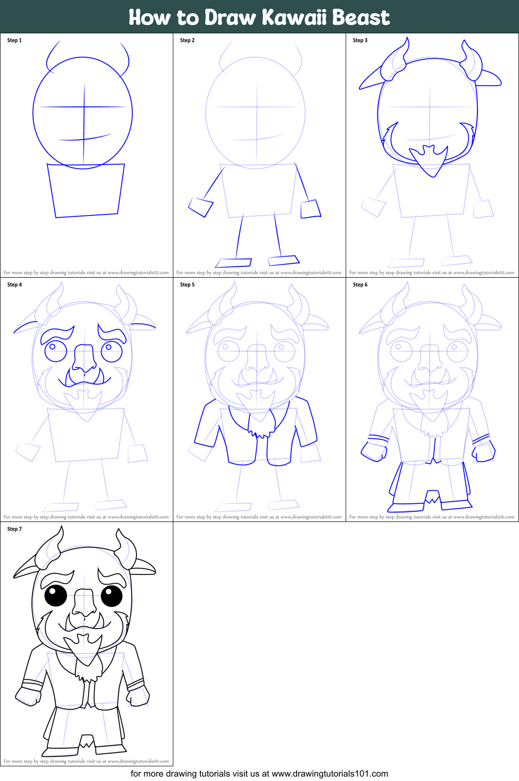 How to Draw Kawaii Beast Printable Step by Step