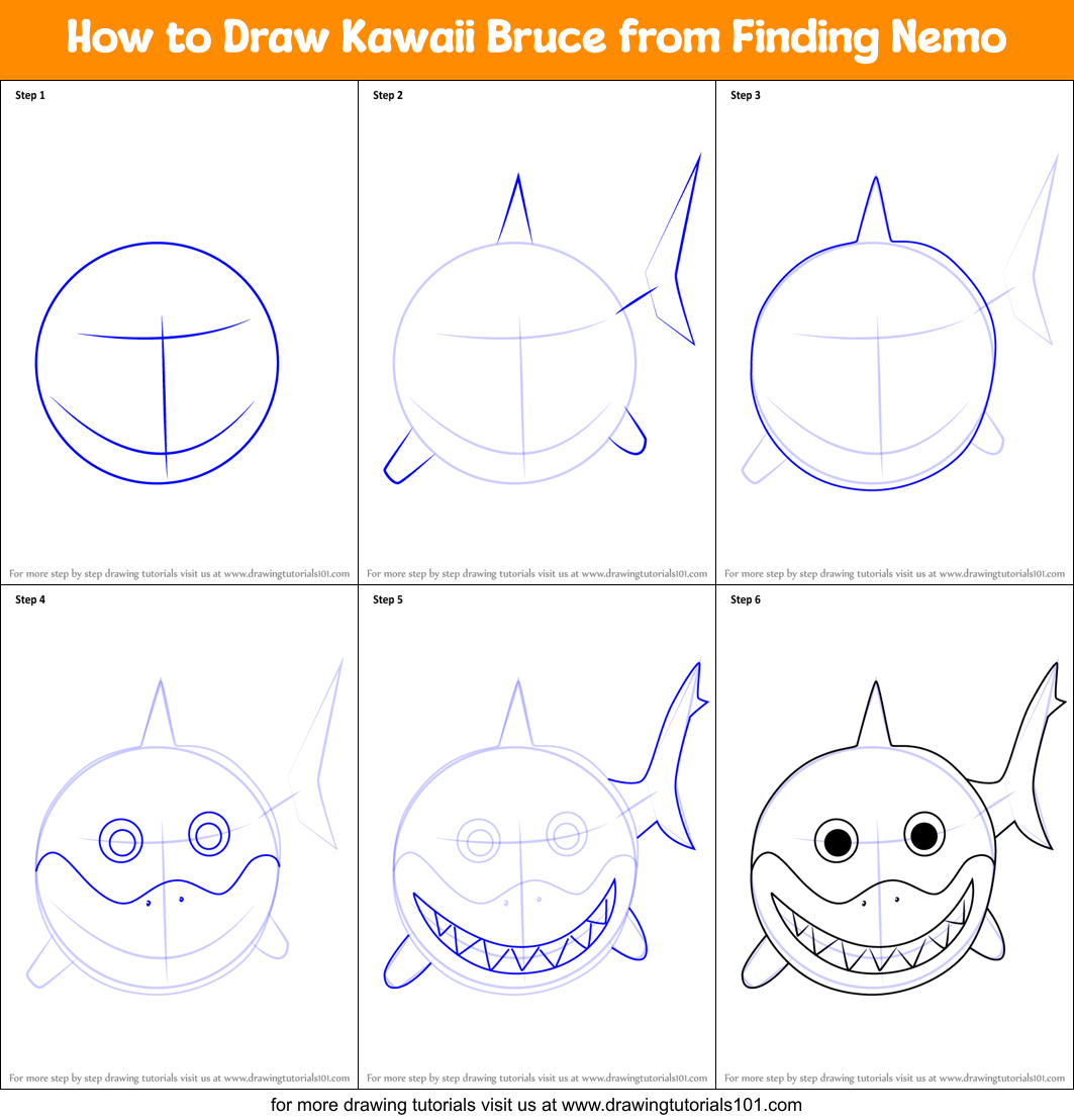 How to Draw Kawaii Bruce from Finding Nemo Printable Step by Step