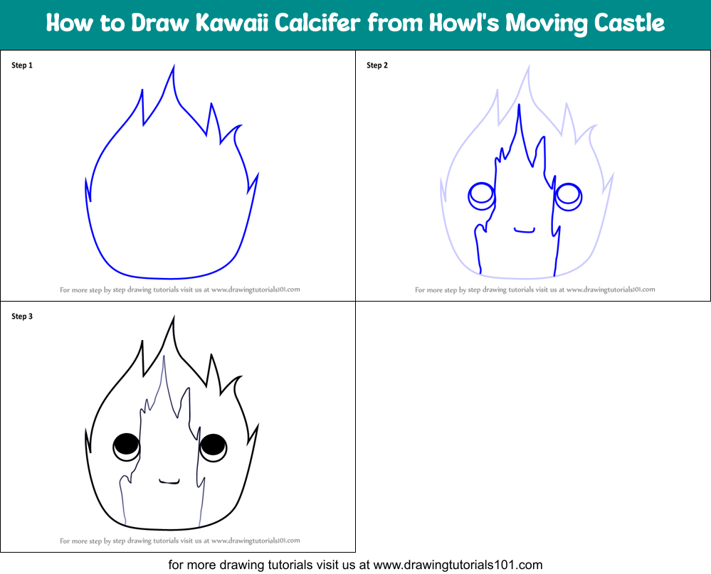 How to Draw Kawaii Calcifer from Howl's Moving Castle Printable Step by Step