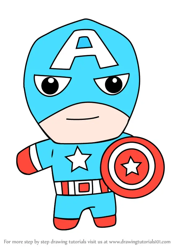 Learn How to Draw Kawaii Captain America (Kawaii Characters) Step by Step :  Drawing Tutorials