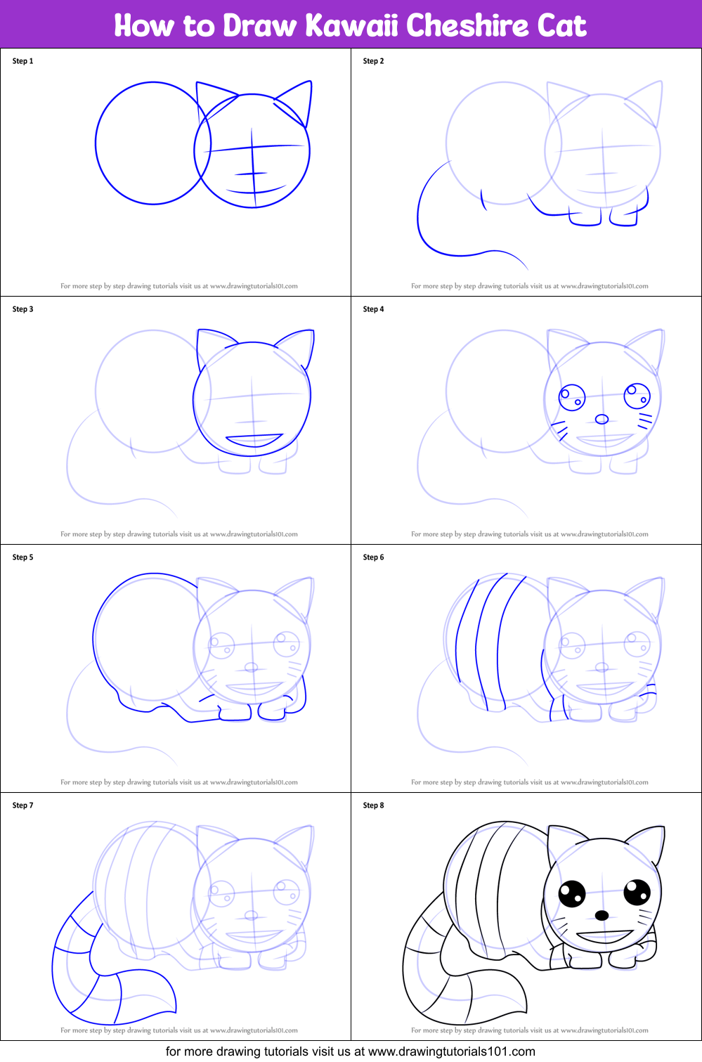 How to Draw Kawaii Cheshire Cat Printable Step by Step