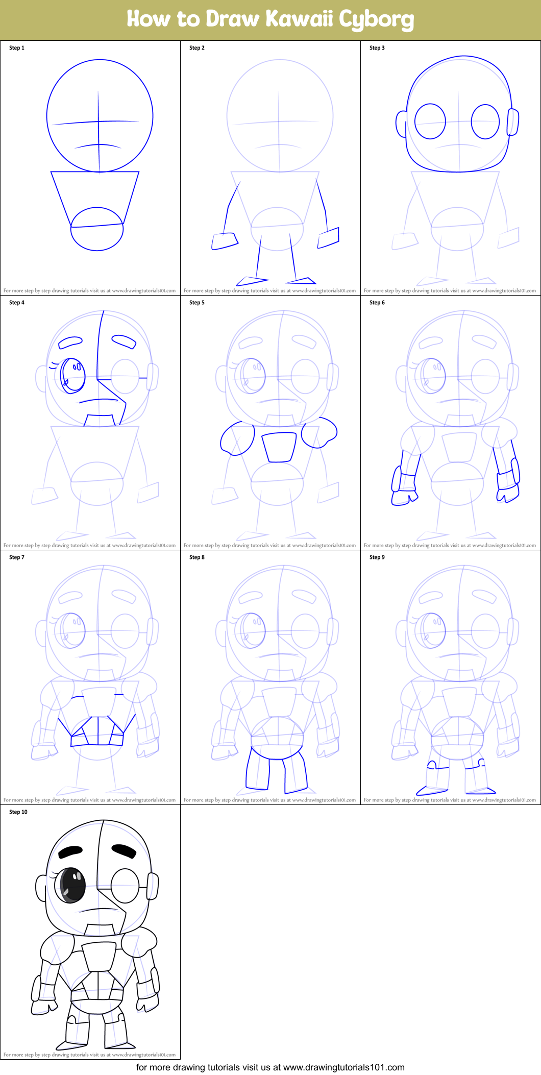 How to Draw Kawaii Cyborg Printable Step by Step