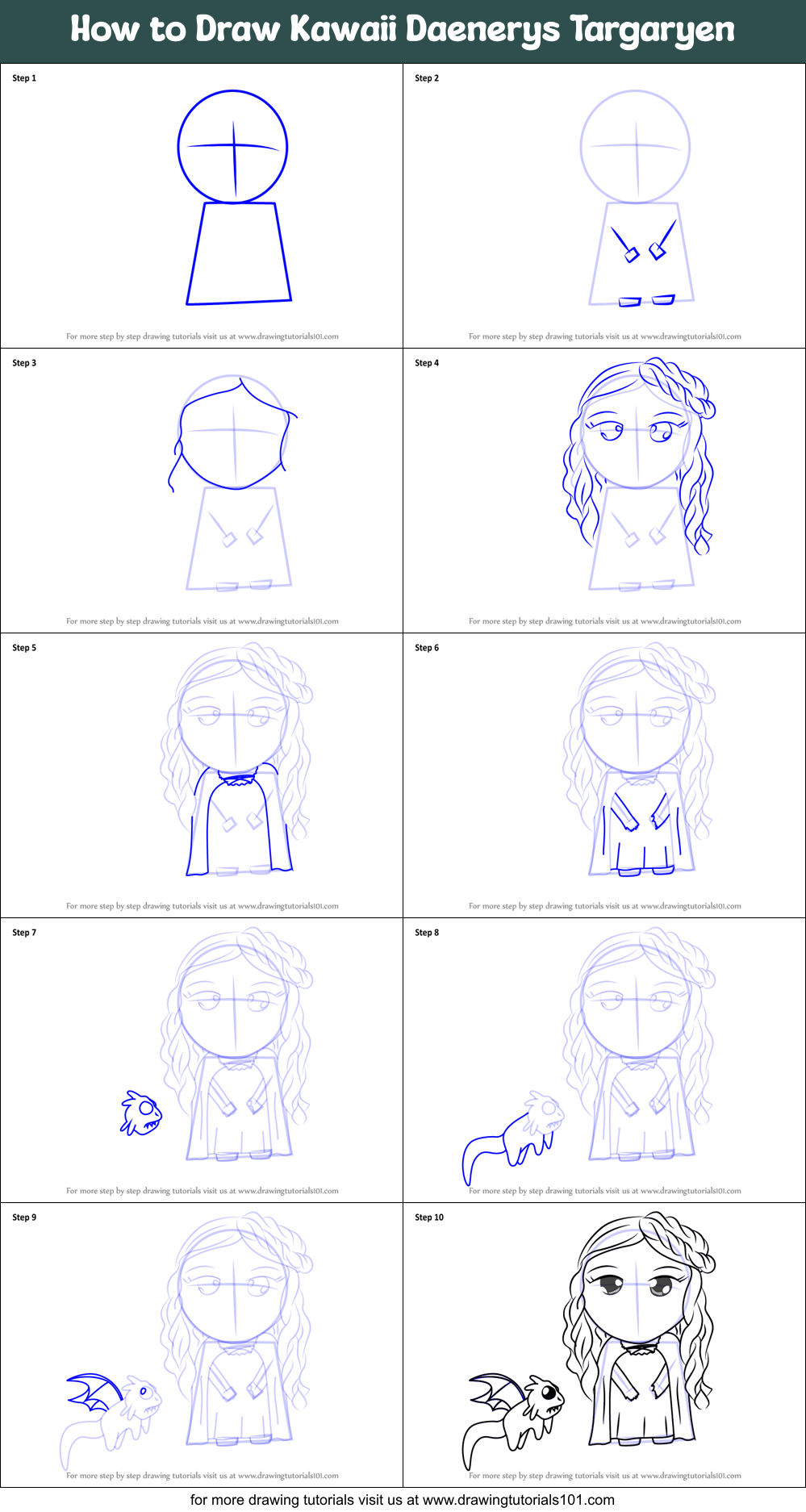 How to Draw Kawaii Daenerys Targaryen Printable Step by Step