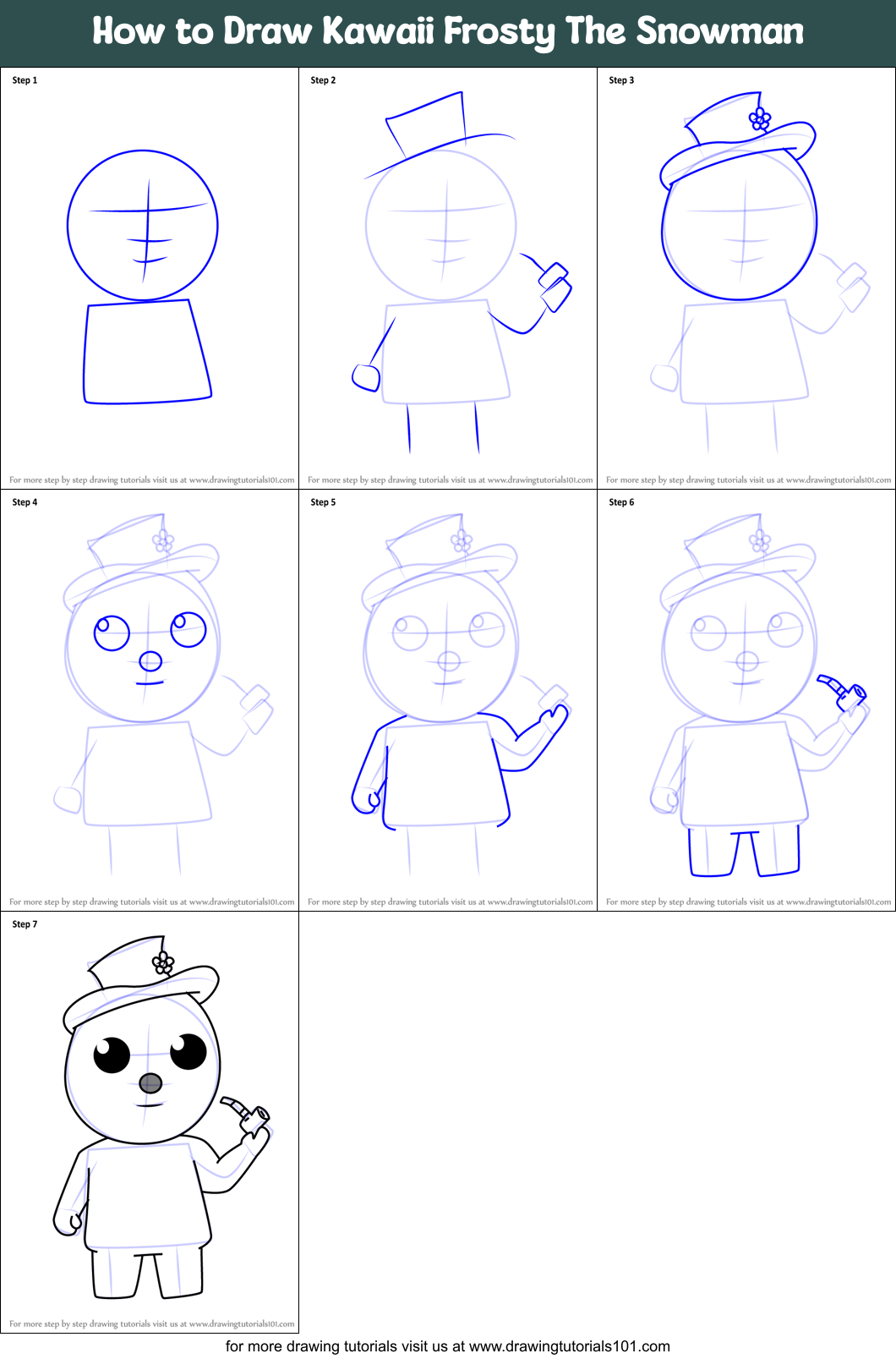How to Draw Kawaii Frosty The Snowman Printable Step by Step