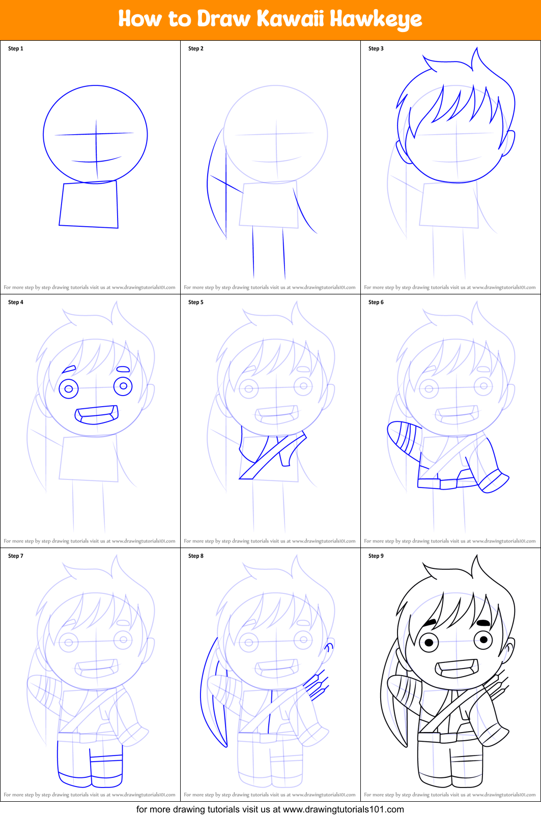 How to Draw Kawaii Hawkeye Printable Step by Step