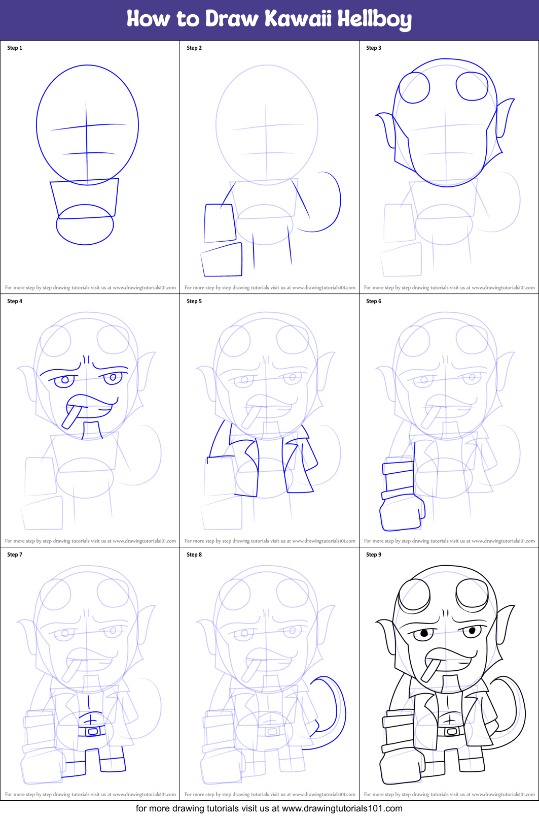 How to Draw Kawaii Hellboy Printable Step by Step