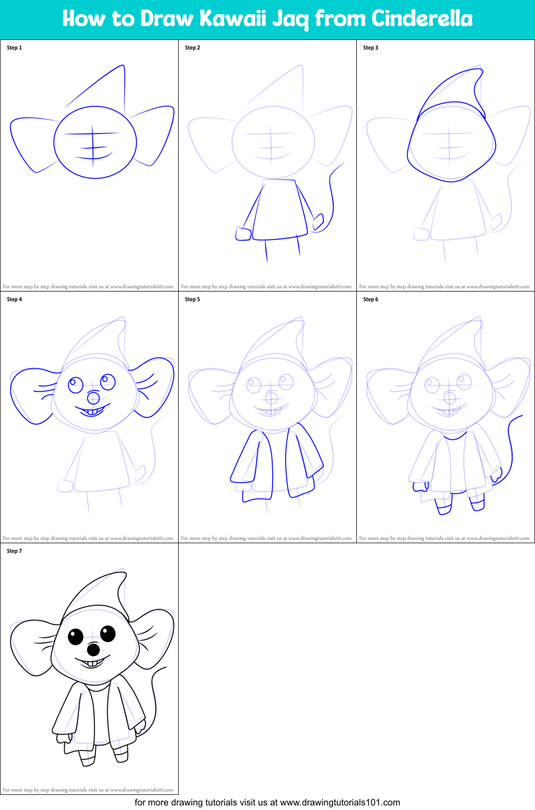 How to Draw Kawaii Jaq from Cinderella Printable Step by Step