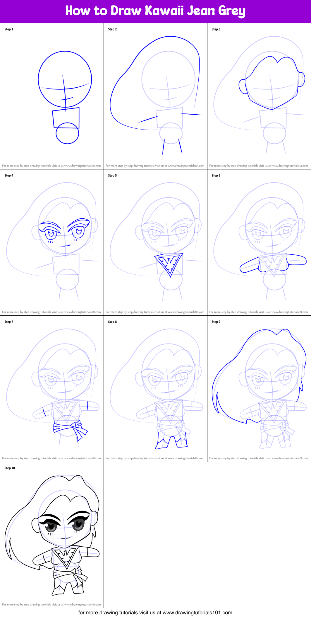 How to Draw Kawaii Jean Grey Printable Step by Step
