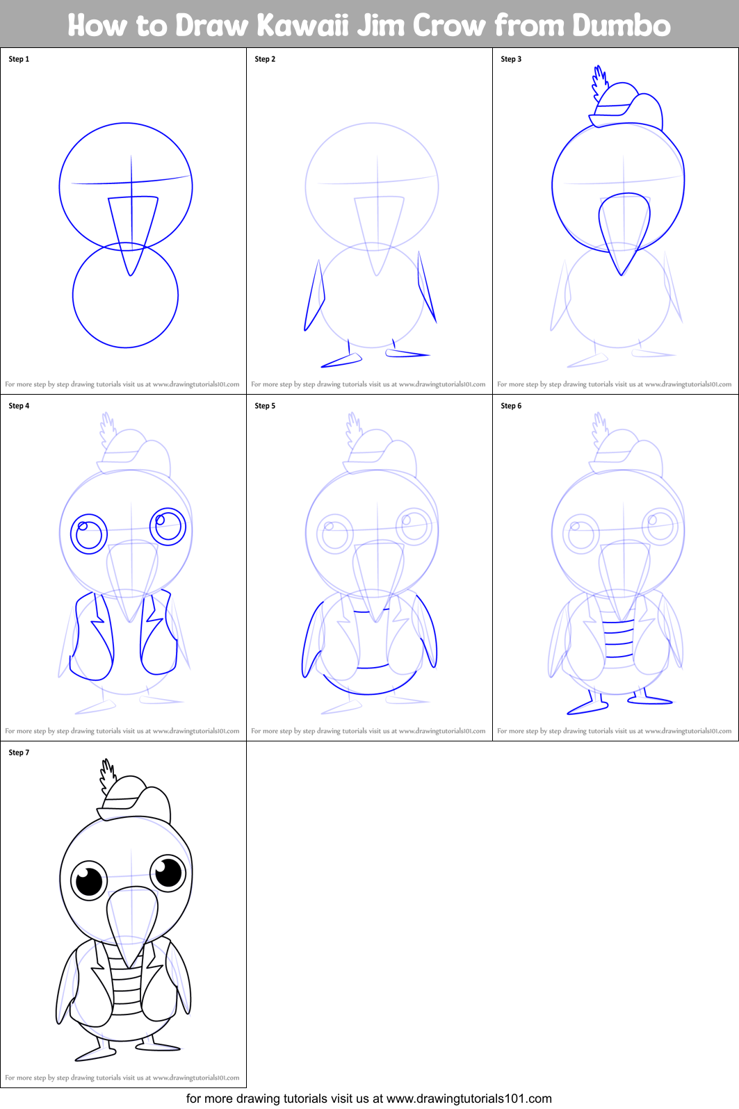 How to Draw Kawaii Jim Crow from Dumbo Printable Step by Step