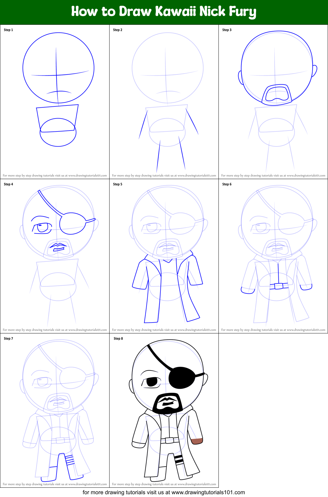 How to Draw Kawaii Nick Fury Printable Step by Step