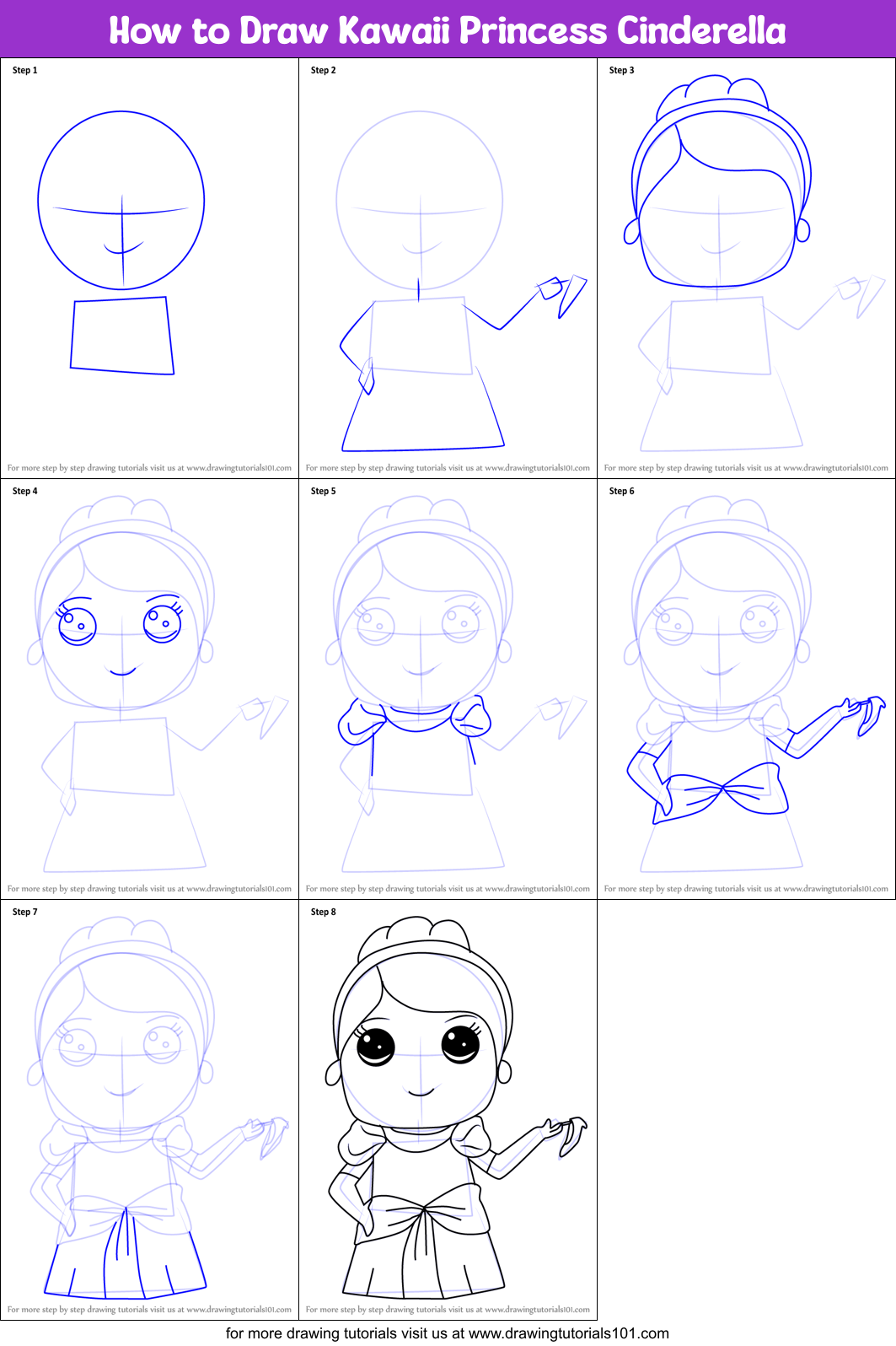 How to Draw Kawaii Princess Cinderella Printable Step by Step