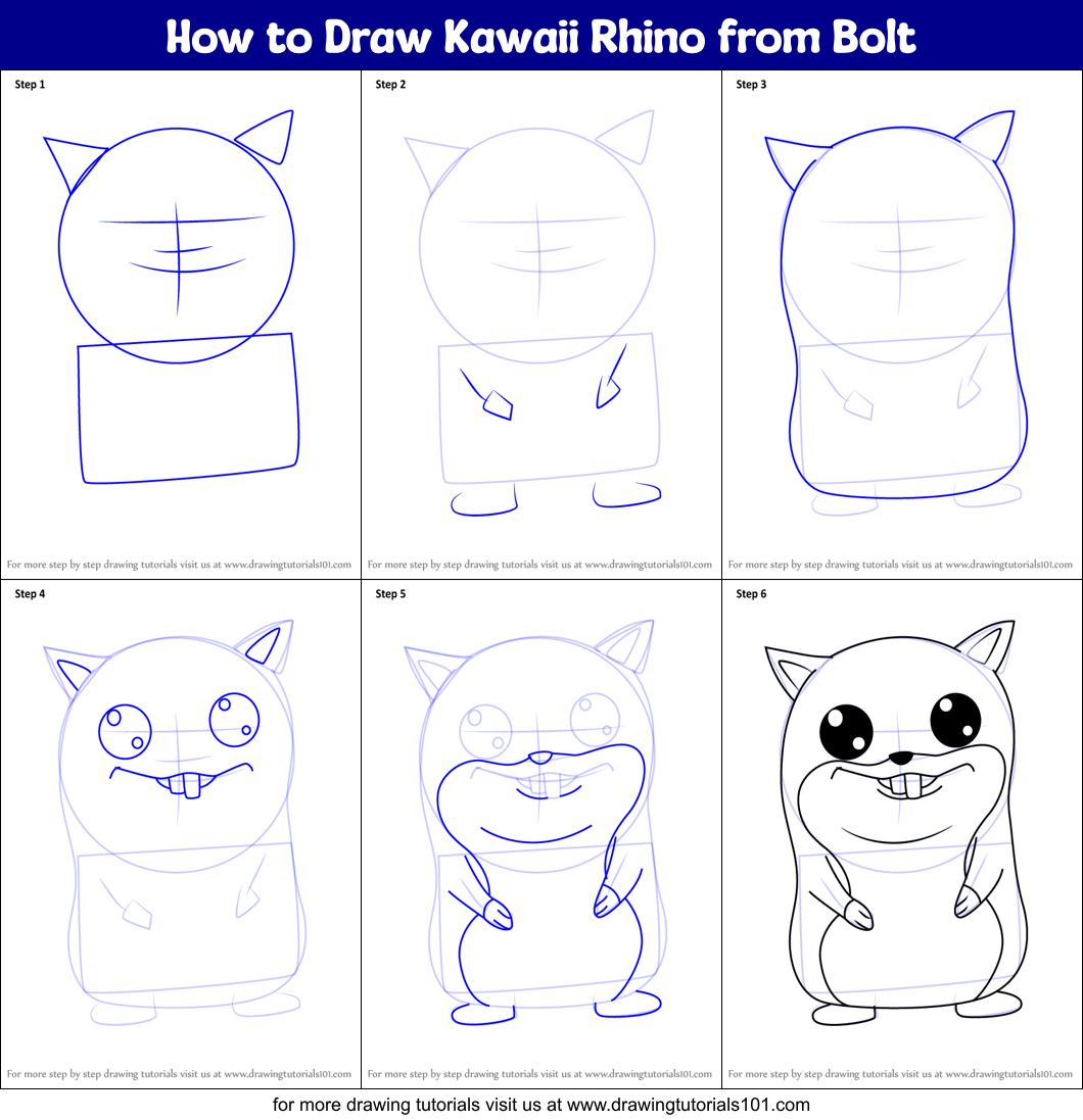 How to Draw Kawaii Rhino from Bolt Printable Step by Step
