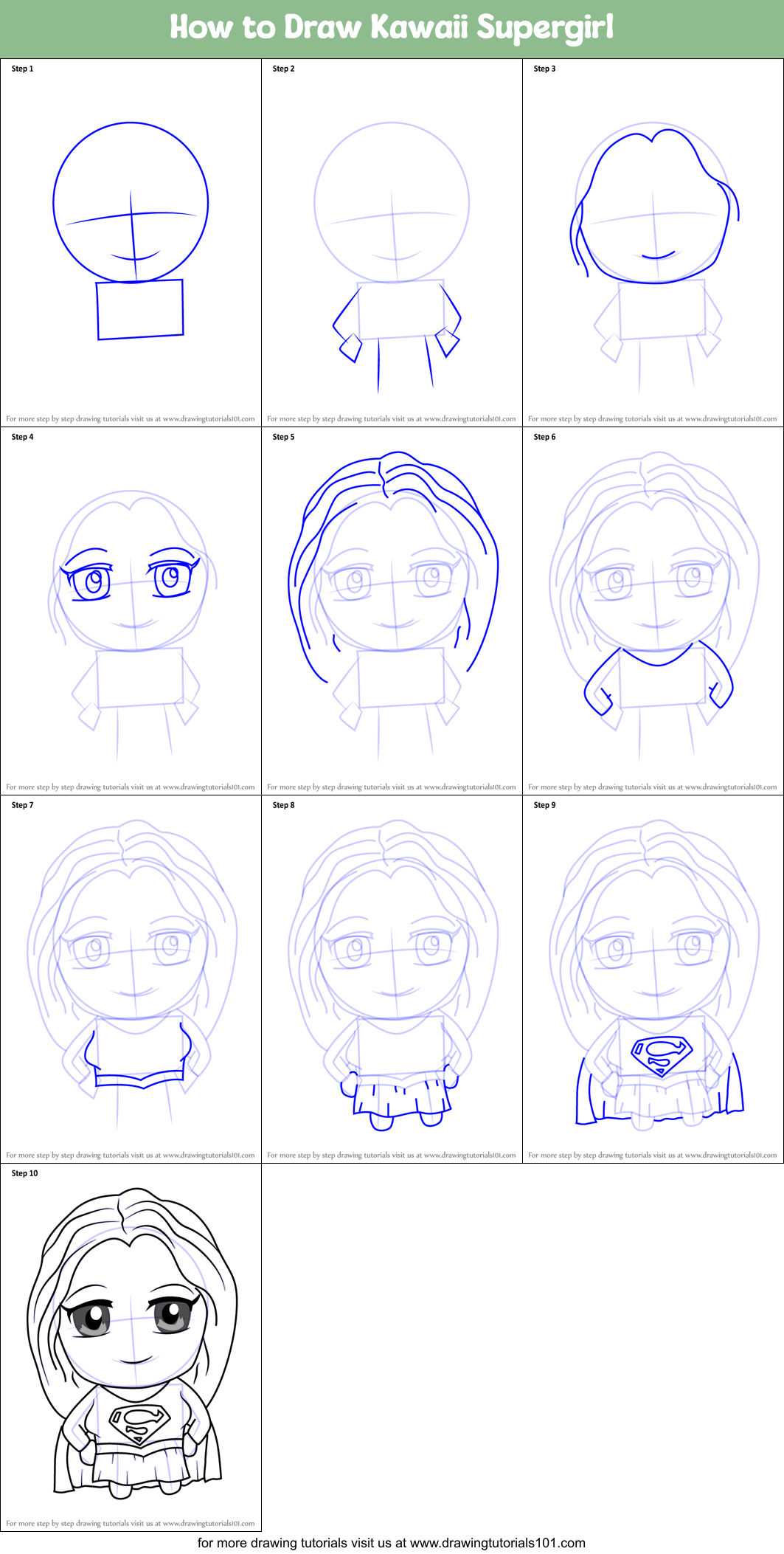How to Draw Kawaii Supergirl Printable Step by Step