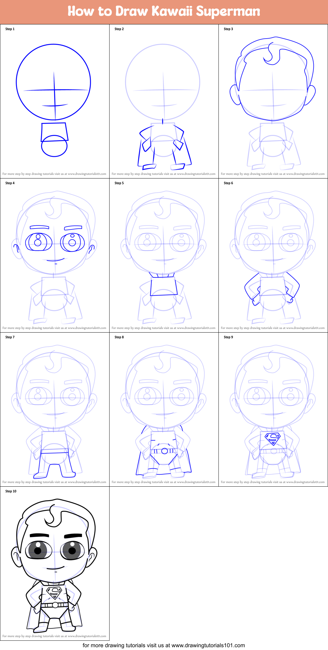 How to Draw Kawaii Superman Printable Step by Step